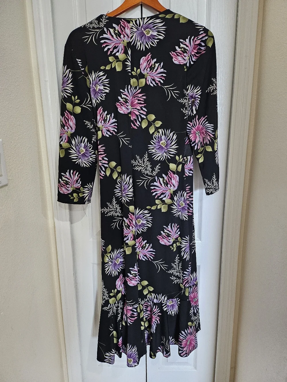 Beata Studio Los Angeles Floral Wrap Dress Size 14 Black Pink Midi Made in USA. - Picture 11 of 15